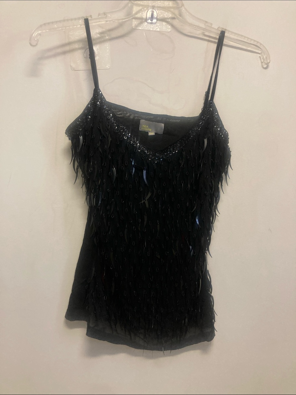 LINEA DOMANI/Black Sequin Fringe Spaghetti Strap Tank Top
